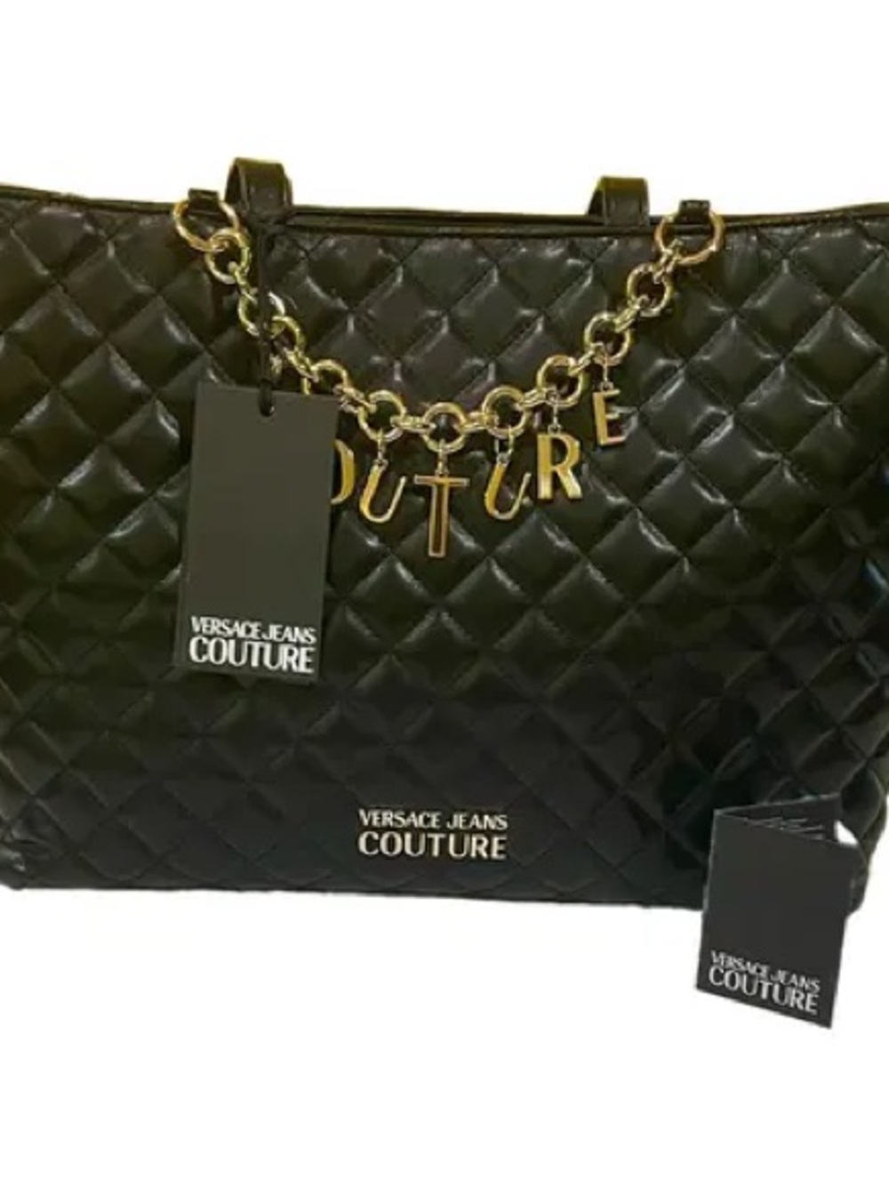 NWT Versace Jeans Couture Black Quilted Large Tote Bag Gold Hardware